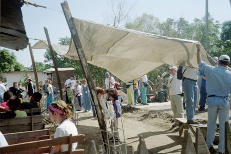 Setting up tarps for medical clinic